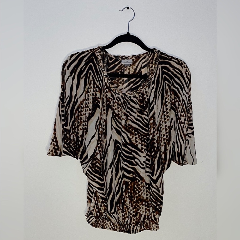 Brown & Cream Print Women’s Blouse With Braided Gold Chain